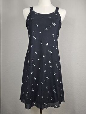 Vtg Y2K SO Black Daisy Floral Mesh Mini Slip Dress XL 90s Grunge Lettuce Hem
